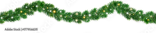 Realistic seamless horizontal border of lush pine branches with glowing lights and sparkles. Great festive decoration for celebration cards and banners. Transparent background in vector file.