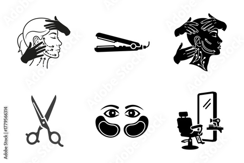 Beauty Salon, Hairdressing & Skincare Icons Set - Facial Massage, Hair Straightener, Eye Patches, Barber Chair & Scissors. Vector Glyph Collection