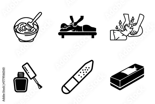 Spa and Beauty Treatment Icons Set: Massage, Manicure, Pedicure, and Skincare Symbols for Wellness and Personal Care