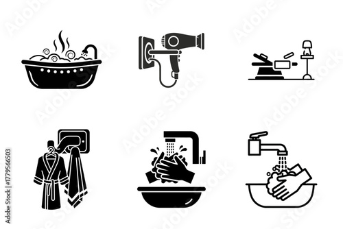 Bathroom and Personal Hygiene Vector Icons Set: Bath, Hair Care, Hand Washing, Robe, Spa & Beauty Glyph Symbols