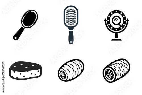Hairbrush, mirror, sponge, and food roll icons set. Minimalist black and white flat design vector illustrations.