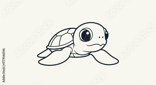 A charming cartoon illustration of a baby sea turtle with large, expressive eyes.
