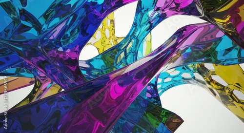 Intertwined iridescent abstract structures present vibrant chromatic reflections against a light background