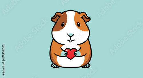 Cartoon guinea pig holding a red heart, on a light blue background, illustration.