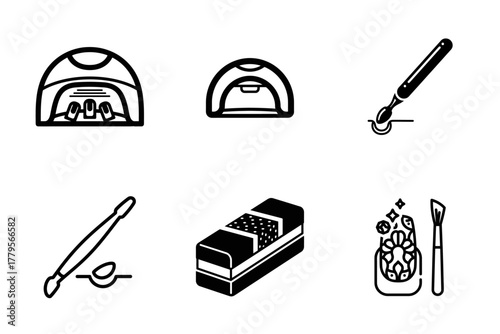 Nail Care and Manicure Tools Icons Set. Professional Nail Salon Equipment, UV Lamp, Nail Buffer, Cuticle Pusher, and Nail Art Brushes Vector Illustration.