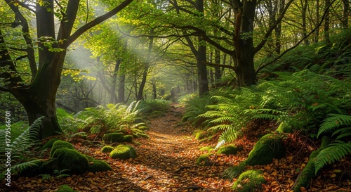 Wallpaper Mural Discover a serene forest path bathed in sunlight, perfect for conveying tranquility, nature escapes, and the beauty of autumn foliage Torontodigital.ca