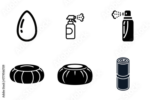Simple Vector Icons Set: Almond, Spray Bottles, Pouf, and Rolled Mat. Black and White Graphic Symbols for Design and UI/UX Projects.
