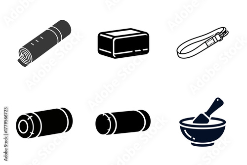 Lifestyle and Wellness Glyph Icons Set: Yoga Mat, Soap, Belt, Mortar and Pestle. Vector graphics for health, personal care, cooking, and everyday objects.