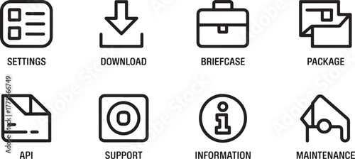 Eight outline icons for business and technology with settings and download symbols Keywords: settings