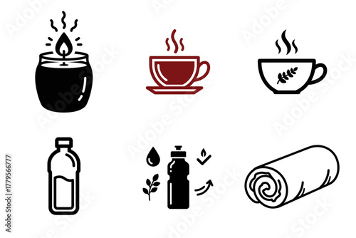Wellness and Self-Care Icons Set. Vector symbols for relaxation, healthy lifestyle, spa, yoga: lit candle, hot tea cup, water bottle, natural elements, and rolled towel.