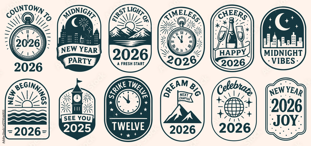 Naklejka premium New year 2026 vintage badges. retro emblems for celebration: countdown, champagne, city, mountain, sun, globe. ideal for cards, invites.