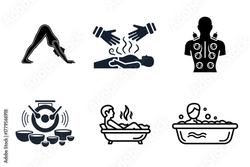 Wellness and Spa Icons Set. Holistic relaxation, self-care, and alternative therapy symbols including yoga, massage, cupping, sound healing, and bath treatments.