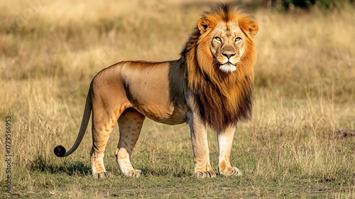 Wallpaper Mural A majestic male lion with a full mane stands proudly in the golden grass of the African savanna. Torontodigital.ca