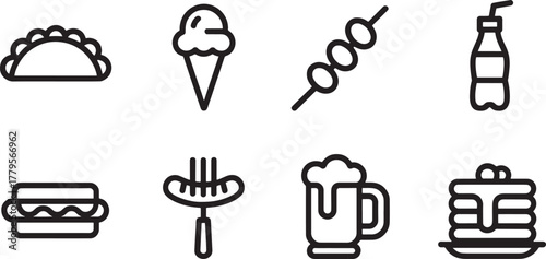 Eight outline icons representing popular fast food and beverage items Keywords: taco, ice cream, cone