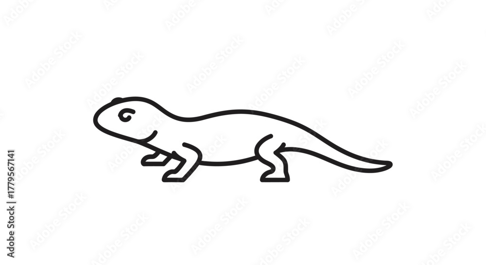 Naklejka premium A simple line drawing of a lizard with short legs and a curved tail on a white background.