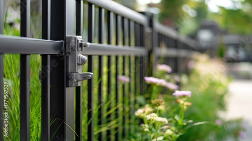 Black Metal Fence with Greenery and Flowers in Garden.