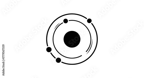 A simplified diagram of an atom, showing a central nucleus with orbiting electrons.