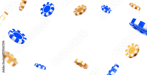 3d flying golden casino poker chips with different angles. Gold and blue chips for betting and gambling games. Stock vector illustration on isolated background.	
