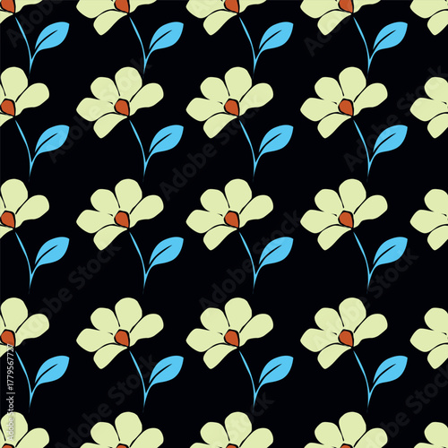 Seamless floral pattern, liberty ditsy print with cute large botany in retro folk style. Beautiful botanical design of hand drawn wild plants: flowers, leaves on black background. Vector illustration