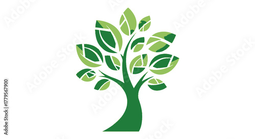 Stylized green tree with segmented leaves in various shades of green, representing nature, growth, and environmental themes.