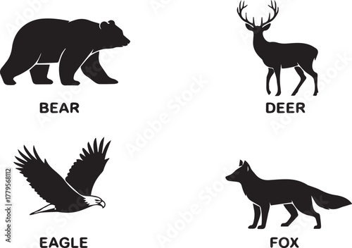 Collection of four wild animals silhouettes isolated on white background