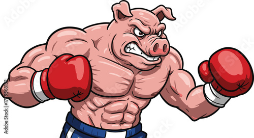 Cartoon boxing pig, muscular animal fighter, sports mascot, strong character design, aggressive stance, gym illustration, competitive spirit, anthropomorphic artwork, power