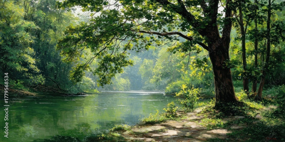 Obraz premium Lush Green Forest Landscape with Tranquil River and Sunlight.