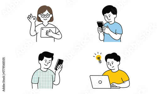 Line art shows diverse individuals with gadgets portraying a modern digital lifestyle in monochrome