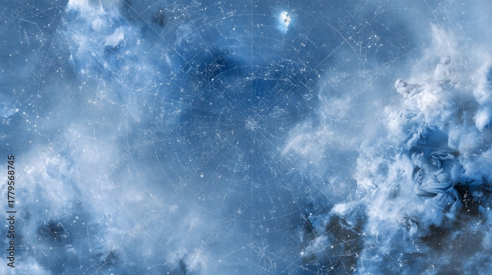 Fototapeta premium A cosmic nebula scene with a detailed celestial star map and astronomical grid overlay