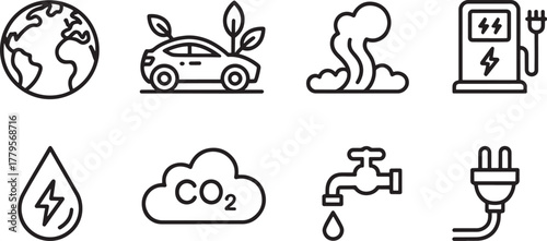 Environmental Icons Earth Electric Car C O2 Cloud and Charging Station planet globe
