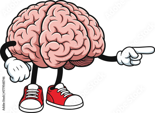 Cartoon brain character, vector mascot, educational illustration, human mind design, creative artwork, intelligence symbol, pointing gesture, anatomy drawing, playful concept, learning graphic