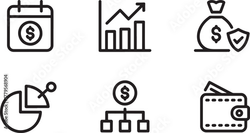 Financial and business icons set with calendar graph money bag and wallet Keywords: calendar, date