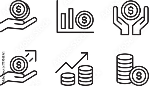 Financial Growth and Investment Icons Set Keywords: money, coin, dollar, currency, hand, holding