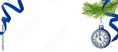 Christmas ornament round blue clock hanging from fir tree branch and satin ribbon with empty space for text isolated on white background with clipping path. Design element. Banner.