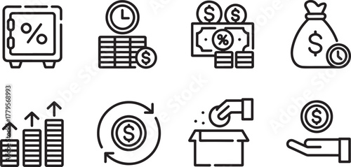 Financial icons set with money safe coins and growth charts Keywords: money safe, percentage, coins