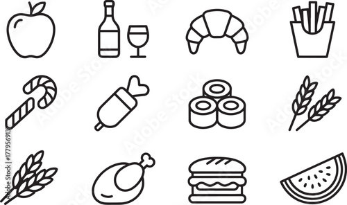 Food Icons Set With Apple Croissant French Fries And Sushi Keywords: food, icon, set, collection
