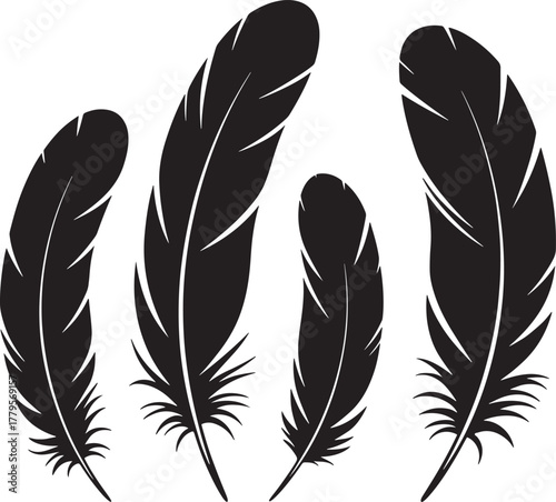Four Black Silhouette Feathers on White Background quill bird