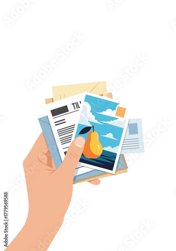Hand holding a stack of mail and postcards, including a pear image.