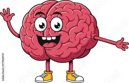 Cartoon brain with smiling face, vector illustration, flat design, educational concept, funny anthropomorphic character drawing for neuroscience and learning materials