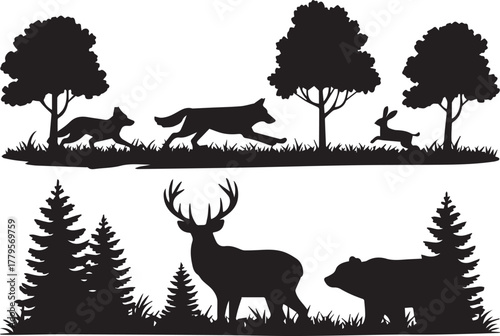 Silhouette of wild animals and trees in a natural landscape