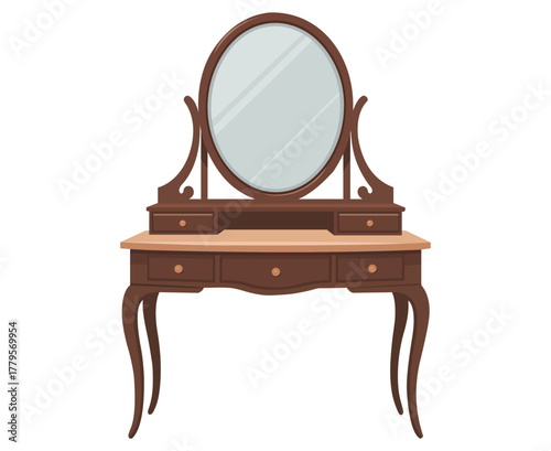 An elegant wooden vanity table featuring an oval shaped mirror design