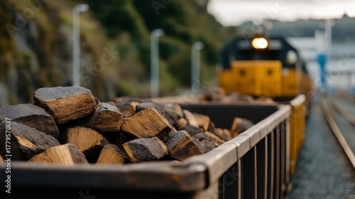 A cargo train loaded with raw materials such as coal, lumber, and grain, symbolizing industrial logistics, energy transport, and trade infrastructure. cinematic color correction, natural uneven