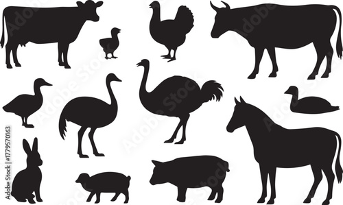 Collection of farm and exotic animal silhouettes isolated on white background