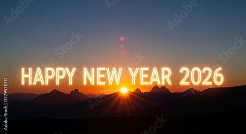 Happy New Year 2026 Sunrise Over Mountains