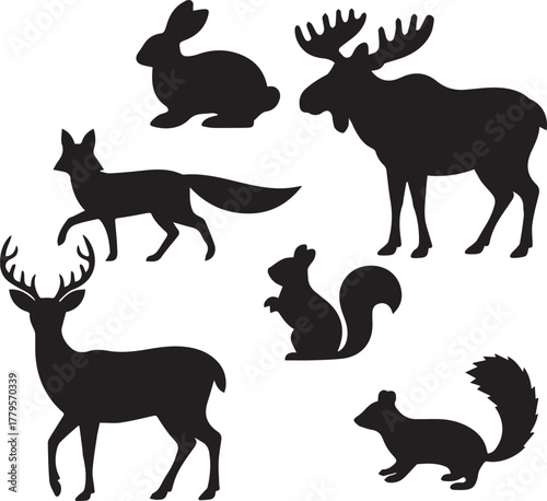 Collection of woodland animal silhouettes isolated on white background