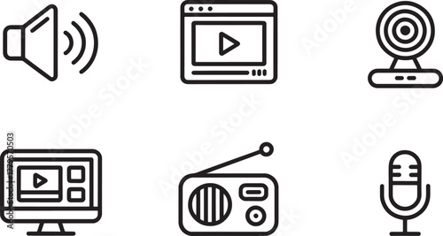 Group of six audio and video media icons on white background sound speaker