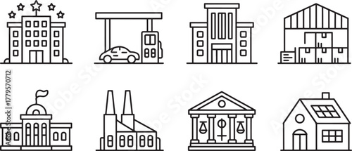 Icons representing different types of buildings and establishments for urban and commercial use
