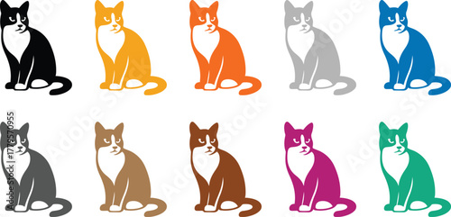 Sitting cat silhouettes in multiple colors, Colorful feline icons vector set