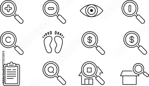 Magnifying glass and search icons with various symbols and objects zoom plus