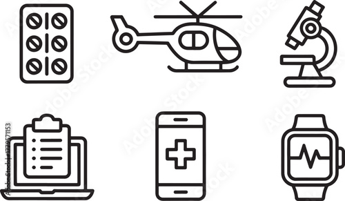 Medical and Technology Icons Set With Pills Helicopter Microscope Laptop Keywords: medical, health